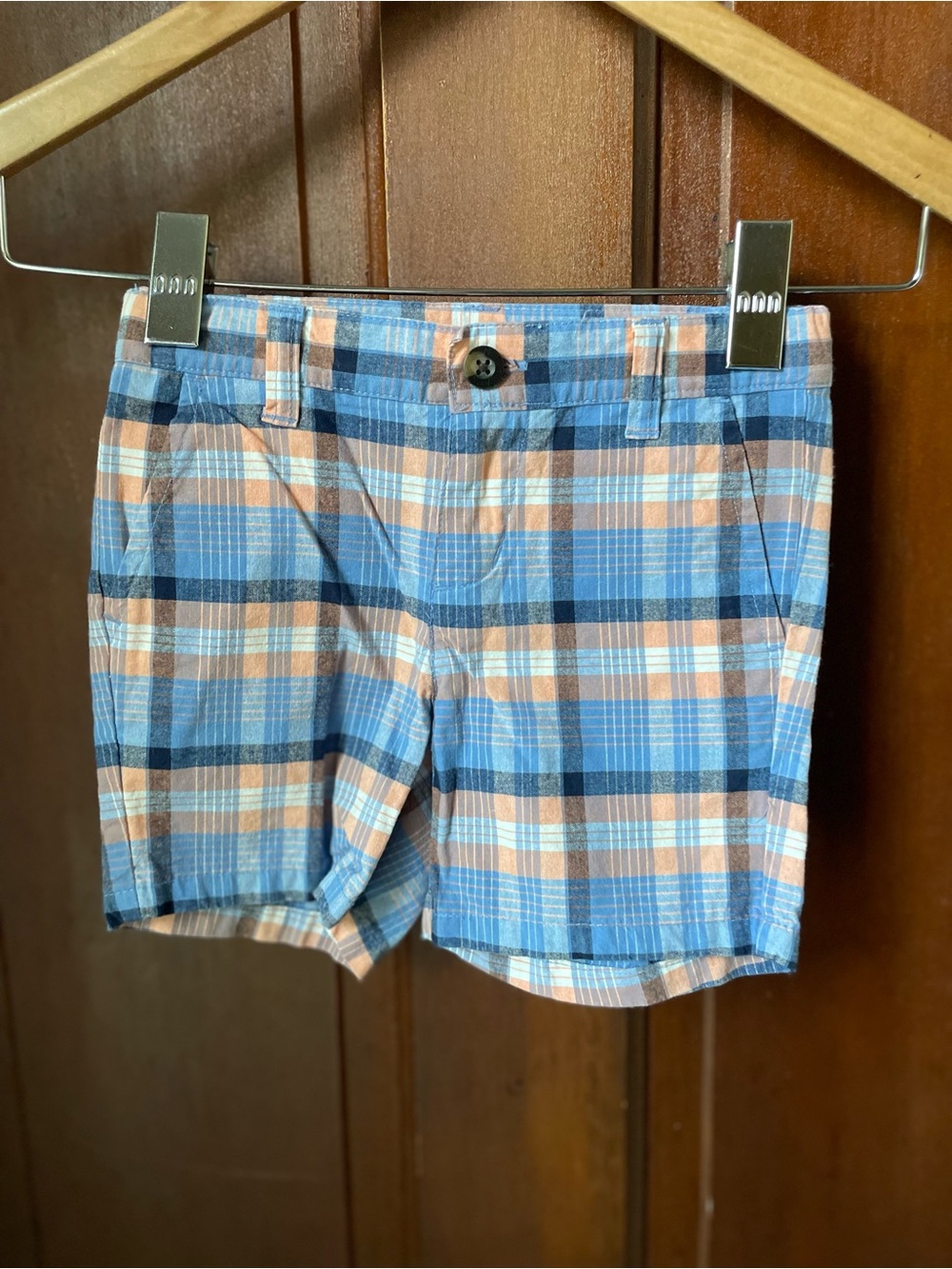 Janie and Jack boys 2T orange / blue / white plaid shorts
